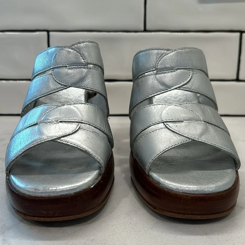 Zodiac Hype Leather Wood Platform Silver Metallic Retro Stacked Heels Size 9